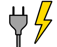 Icon: Ein grauer Stecker steht links, während ein gelber Blitz rechts auf einem schwarzen Hintergrund leuchtet.