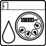 Icon: Ein Wasserzähler mit einer Anzeige von 01234 m³ und einem Tropfensymbol auf schwarzem Hintergrund.