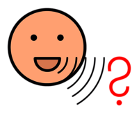 Icon: Ein lächelndes Gesicht mit Wellenlinien, die Kommunikation oder Geräusche symbolisieren, und einem roten Fragezeichen daneben.