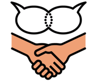 Icon: Zwei Hände schütteln sich die Hände, im Hintergrund sind Sprechblasen.