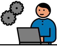 Icon: Der Benutzer arbeitet konzentriert an einem Laptop, umgeben von stilisierten Zahnrädern.