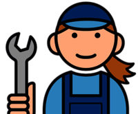 Icon: Eine Person mit blauer Arbeitskleidung und einer Werkzeugschlüssel in der Hand lächelt freundlich.